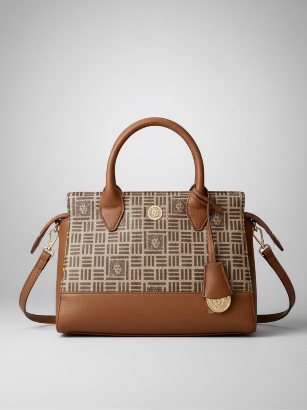 Anne Klein Brown Logo-Print Satchel with Tan Trim- NWT